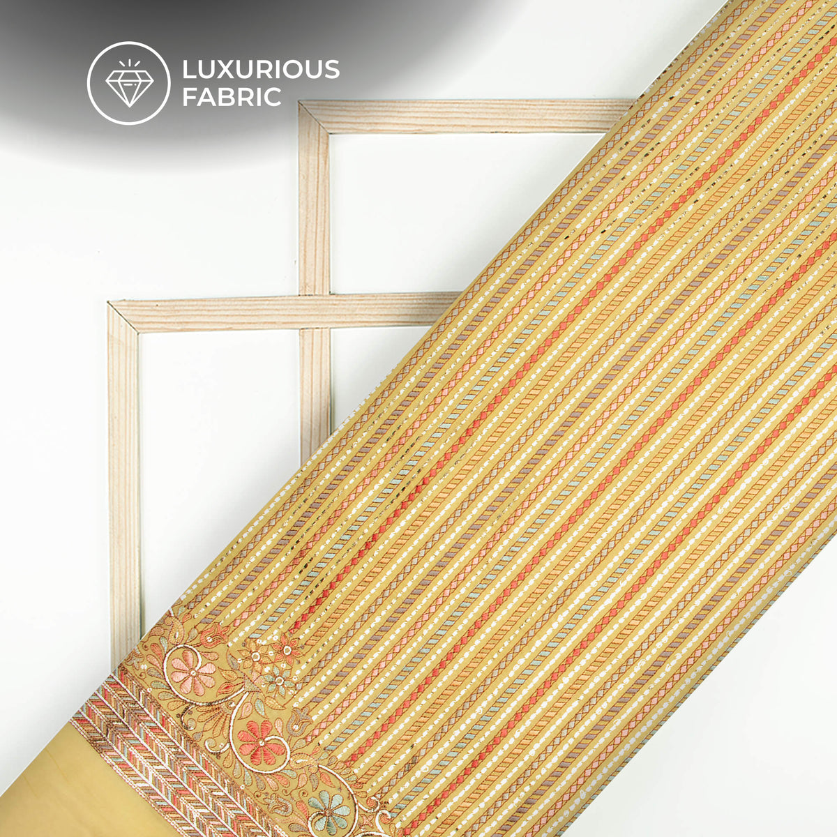 Beautiful Stripes With Gold Foil Embroidery On Glazed Cotton Fabric