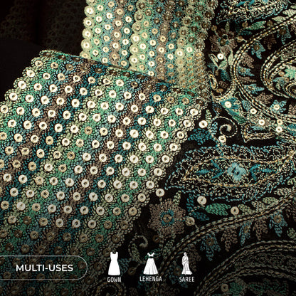 Heavy Kashmiri Work With Gold Sequins Embroidery On Black Georgette Fabric