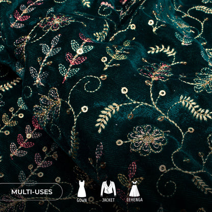 Elegent Leaf Embroidery With Gold Sequins On Velvet Fabric