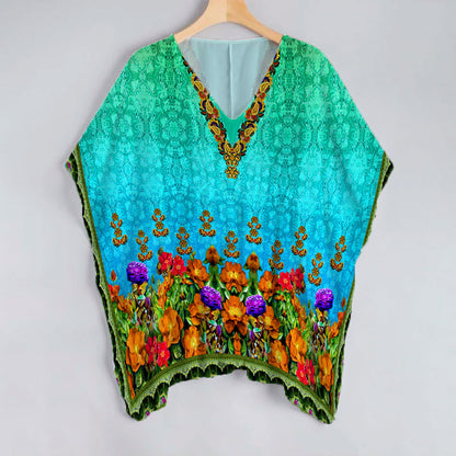 Blue And Spice Orange Floral Pattern Unstitched Georgette Kaftan