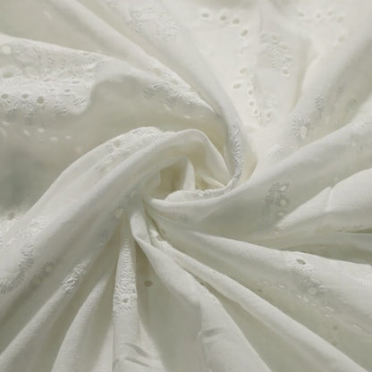 White Floral Premium Schiffli Embroidery Dyeable Cotton Fabric(Width 52 Inches)
