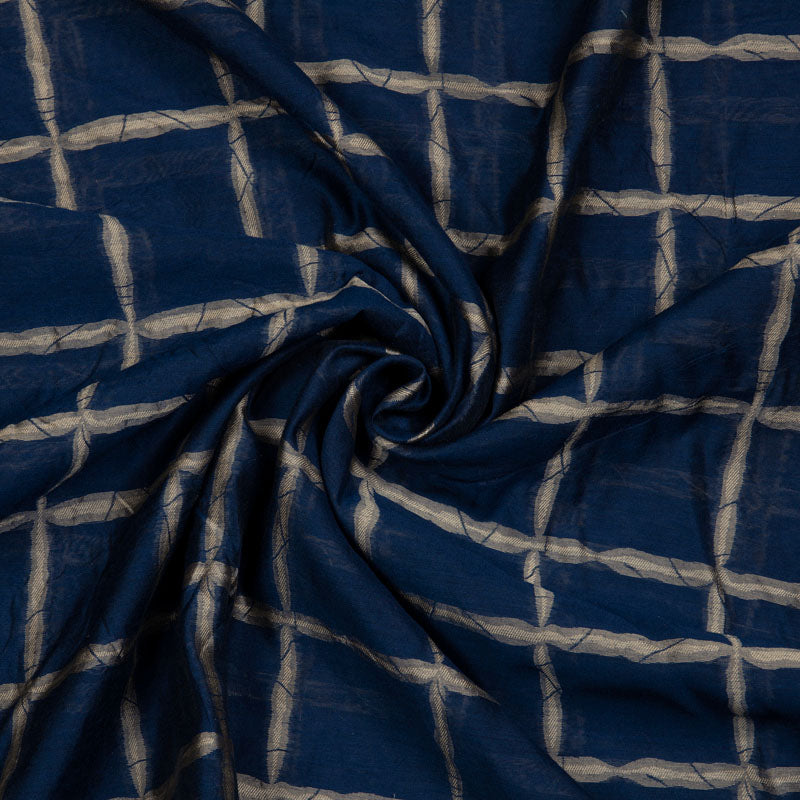 Navy Blue Checks Pattern Jacquard Chanderi Fabric