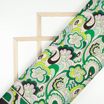 Forest Green And Cream Floral Pattern Digital Print Satin Lycra Fabric (Width 60 Inches)