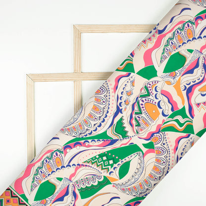 Cream And Hot Pink Abstract Pattern Digital Print Satin Lycra Fabric (Width 60 Inches)