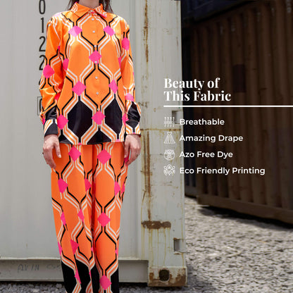 Apricot Orange And Hot Pink Geometric Pattern Digital Print Vintage Crepe Fabric (Width 56 Inches)