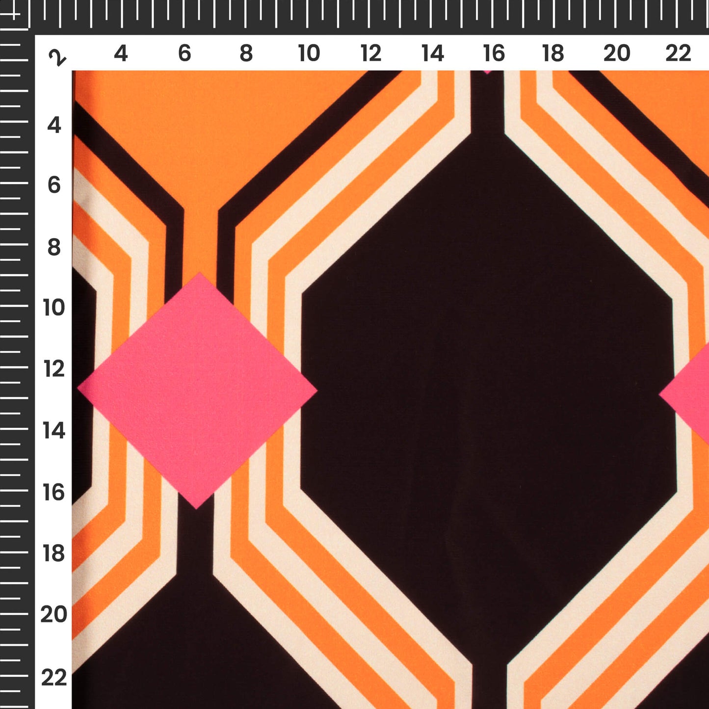 Apricot Orange And Hot Pink Geometric Pattern Digital Print Vintage Crepe Fabric (Width 56 Inches)