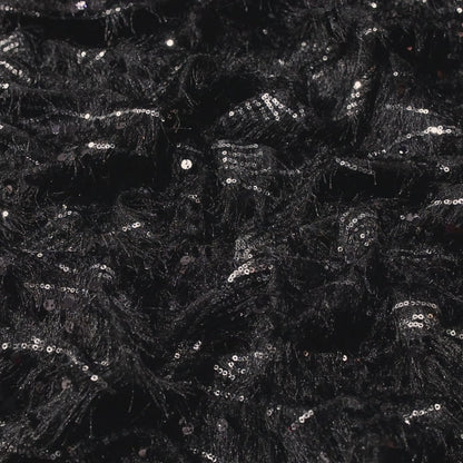 Black Abstract Sequins Long Hair Imported Fur Fabric (Width 58 Inches)