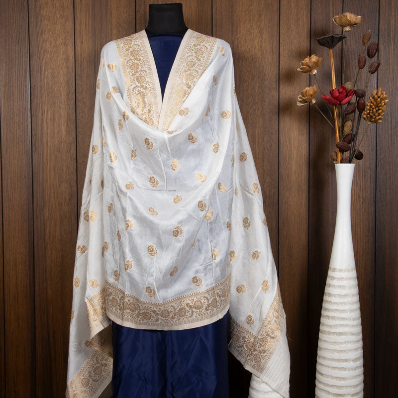 White Ethnic Pattern Jacquard Silk Dupatta