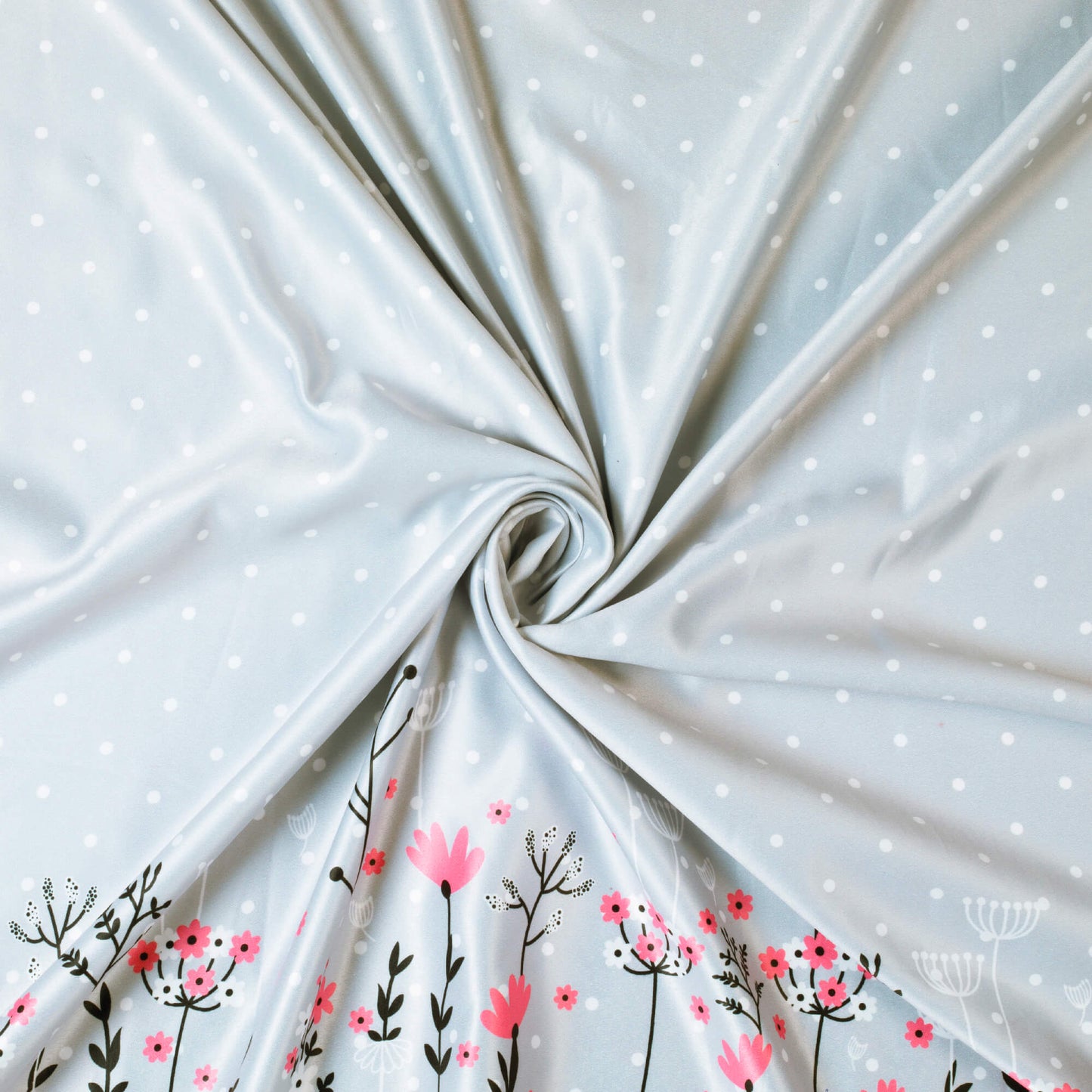Pewter Grey And Peach Polka Dots Pattern Digital Print Heavy Satin Fabric (Width 58 Inches)