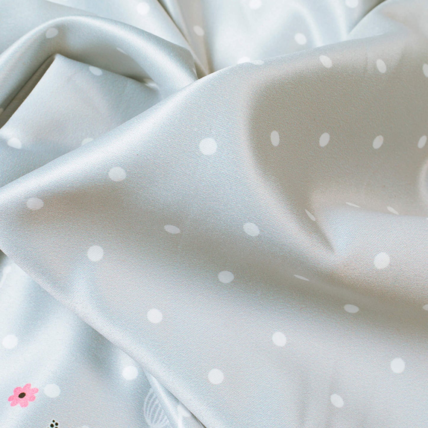 Pewter Grey And Peach Polka Dots Pattern Digital Print Heavy Satin Fabric (Width 58 Inches)