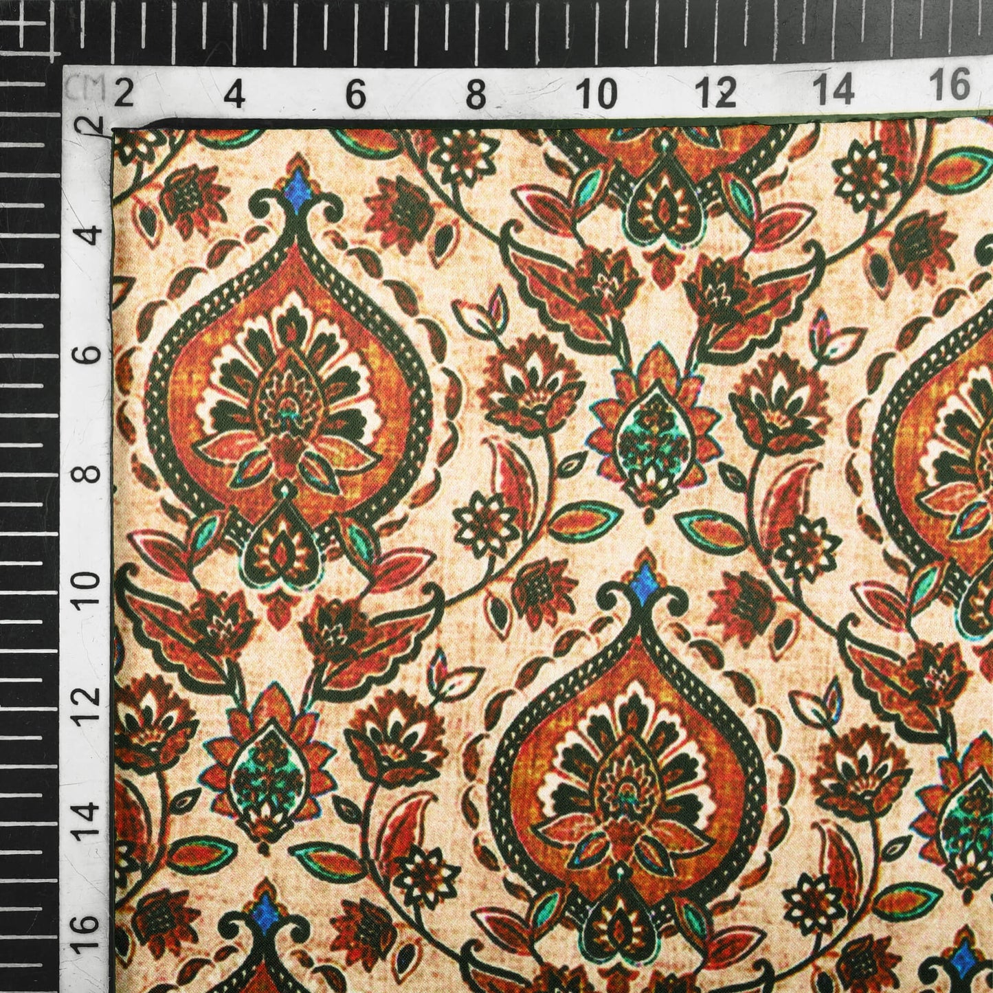 Ivory Cream And Caramel Brown Traditional Pattern Digital Print Heavy Satin Fabric (Width 56 Inches)