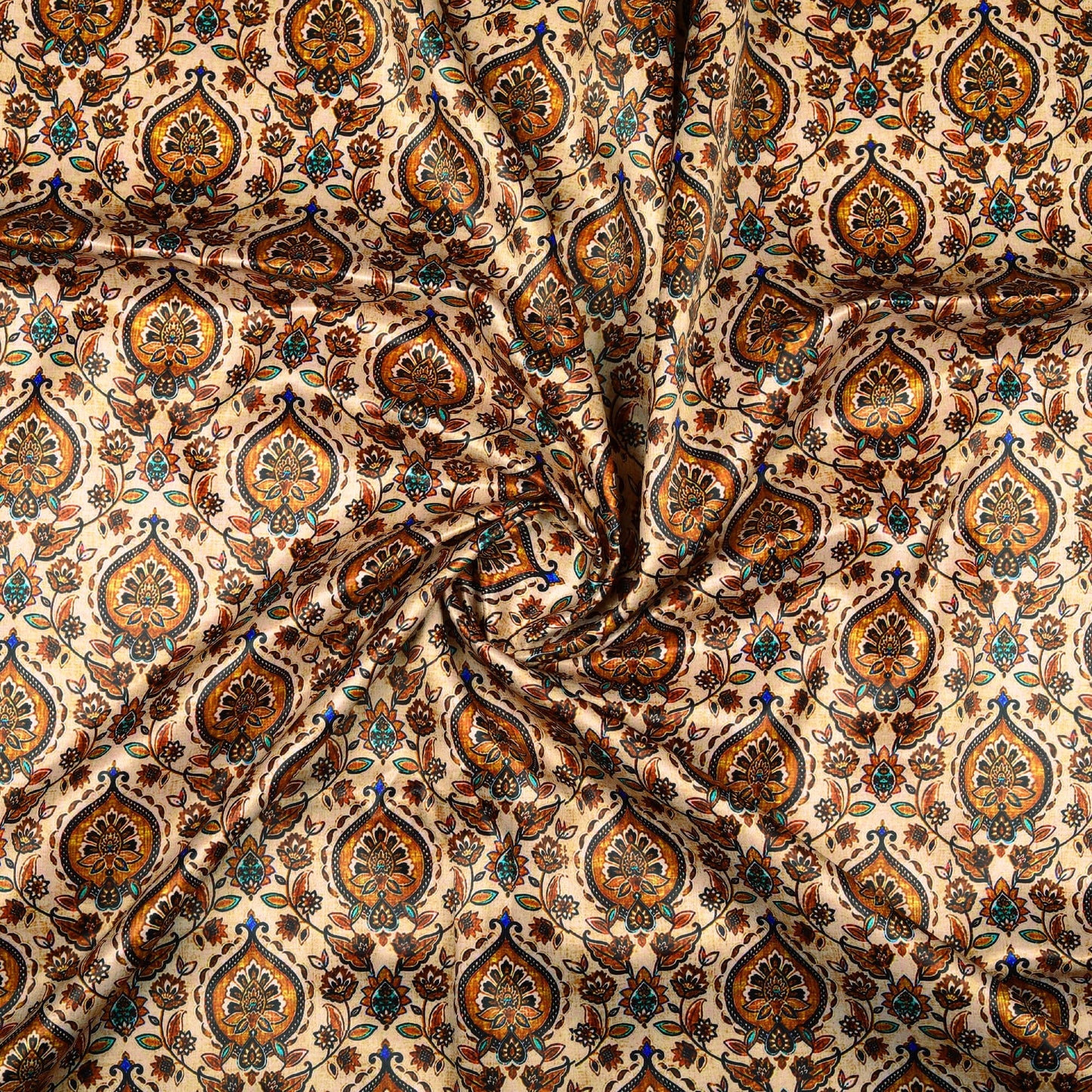Ivory Cream And Caramel Brown Traditional Pattern Digital Print Jacquard Sherwani Fabric (Width 56 Inches)