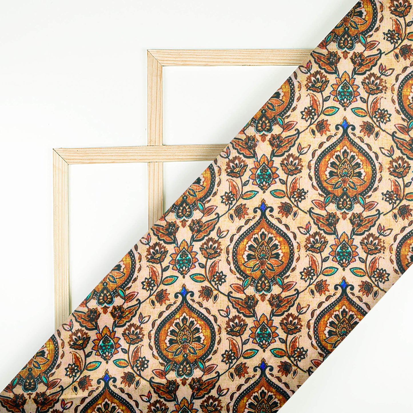 Ivory Cream And Caramel Brown Traditional Pattern Digital Print Jacquard Sherwani Fabric (Width 56 Inches)