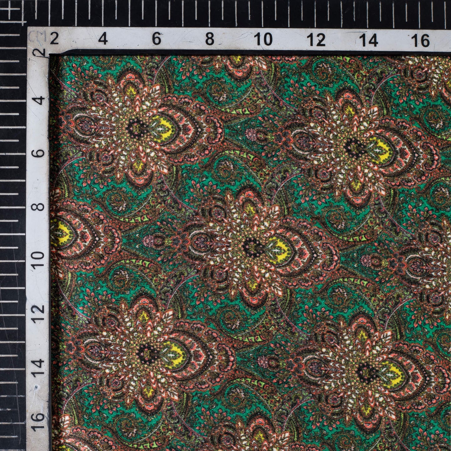 Jungle Green And Peach Traditional Pattern Digital Print Japan Satin Fabric
