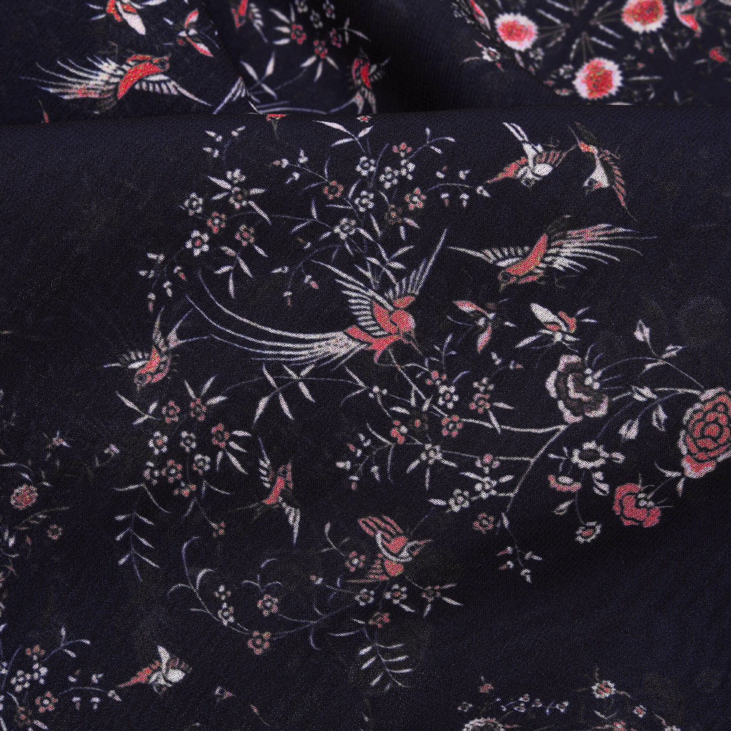 Dark Blue And Orange Floral Pattern Digital Print Japan Satin Fabric (Width 56 Inches)