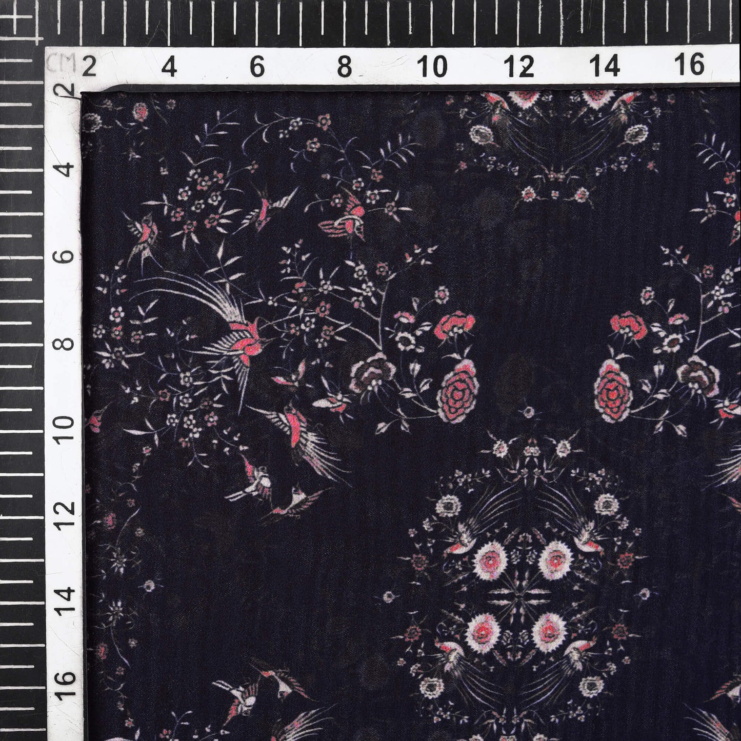 Dark Blue And Orange Floral Pattern Digital Print Japan Satin Fabric (Width 56 Inches)
