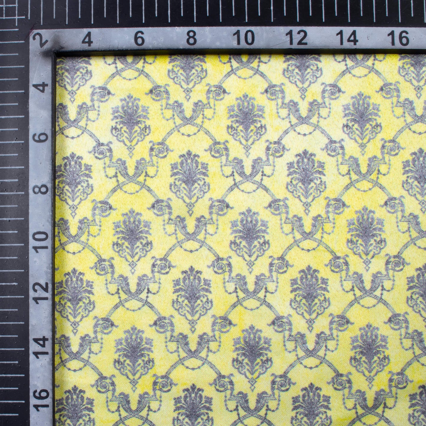 Lemon Yellow And Grey Traditional Patten Digital Print Japan Satin Fabric (Width 54 Inches)