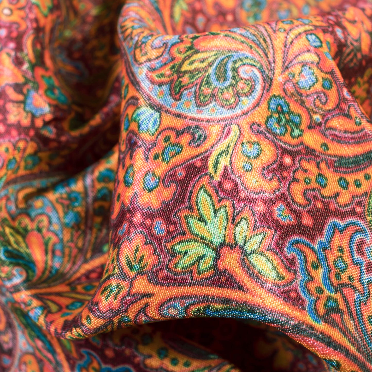 Amber Orange And Purple Paisely Pattern Digital Print Art Silk Fabric