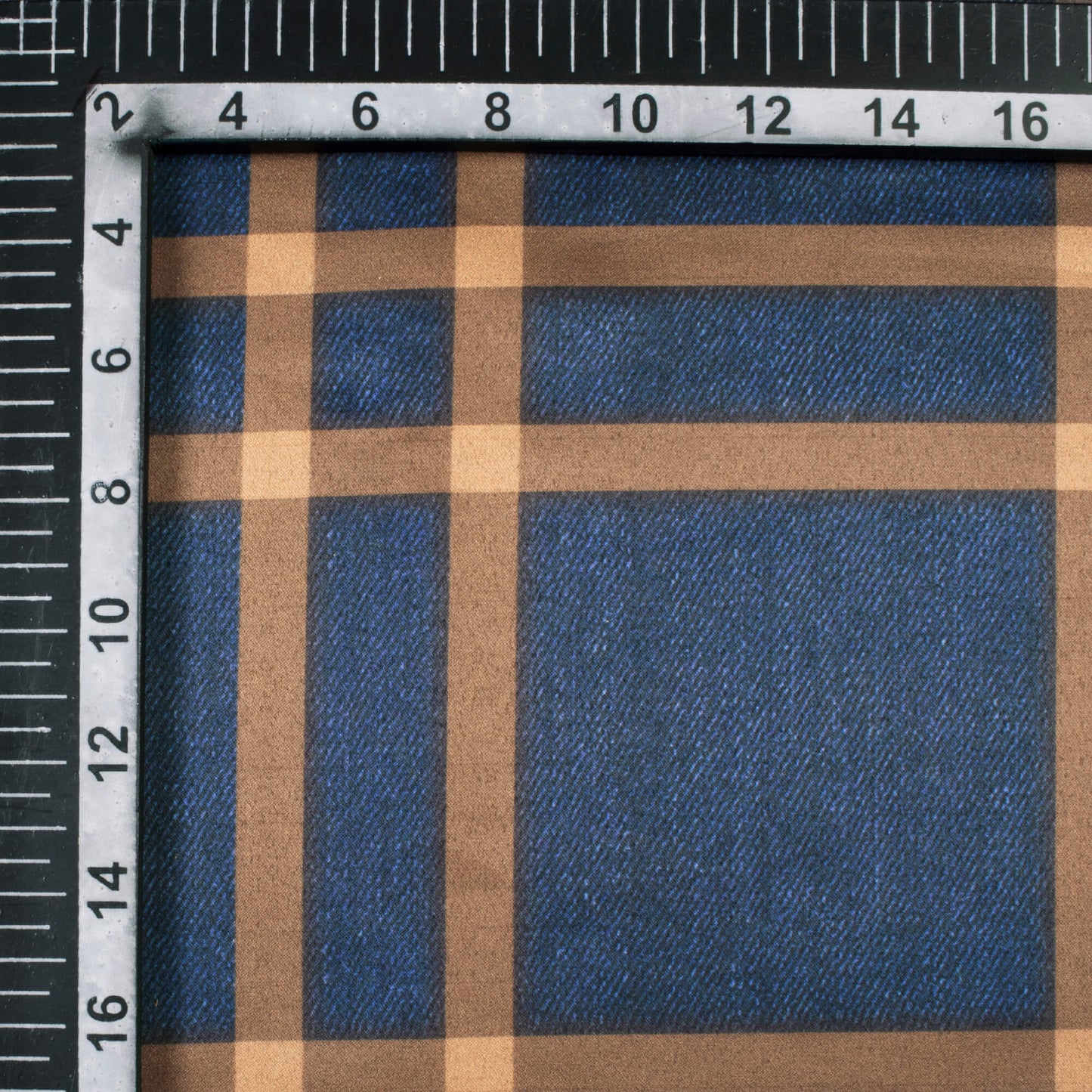 Prussian Blue And Beige Checks Pattern Digital Print Lycra Fabric