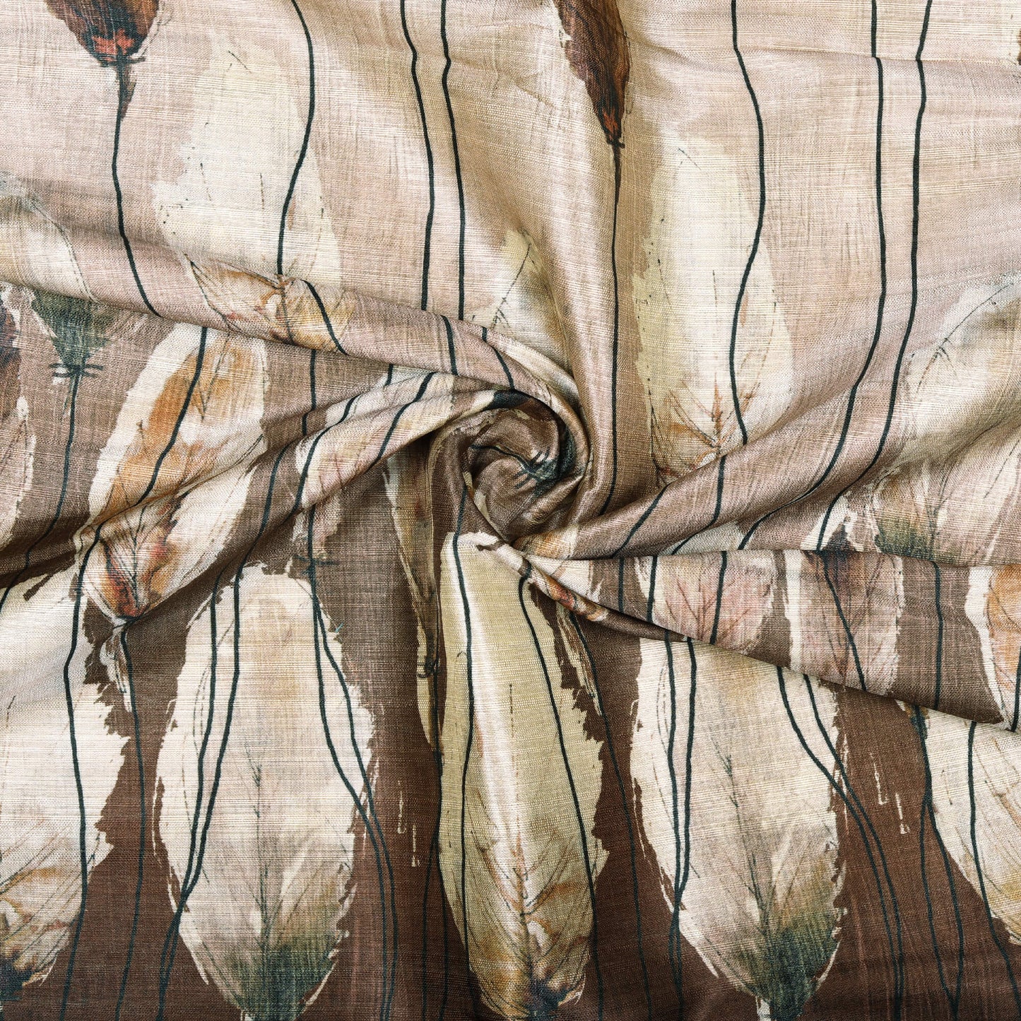 (Cut Piece 1.25 Mtr) Oyster Cream And Brown Leaf Pattern Digital Print Furnishing Fabric