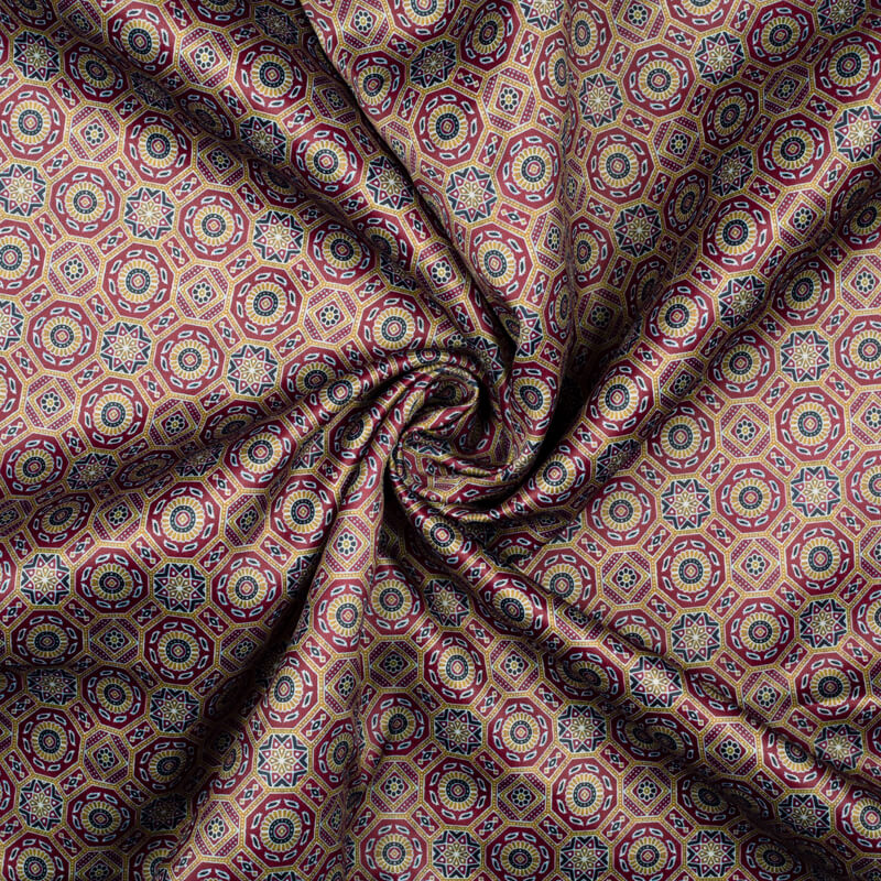 Beige And Purple Geometric Pattern Digital Print Japan Satin Fabric