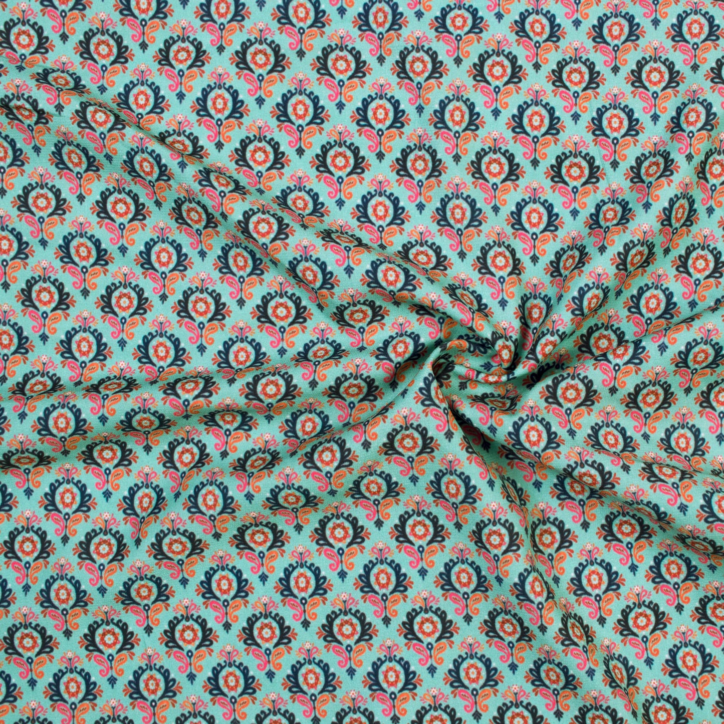 Celeste Green And Blue Traditional Pattern Digital Print Satin Fabric (Width 56 Inches)