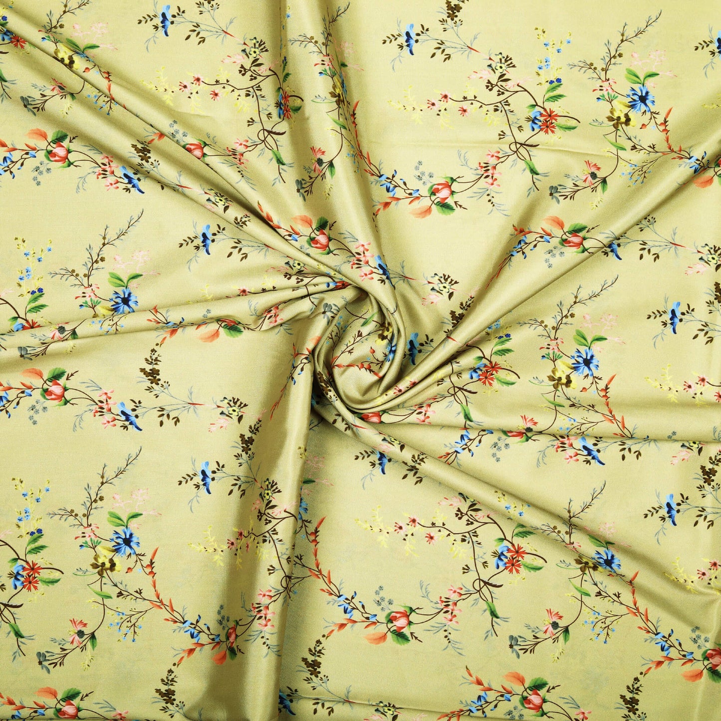 Light Khakhi Green And Peach Floral Digital Print Art Tusser Silk Fabric