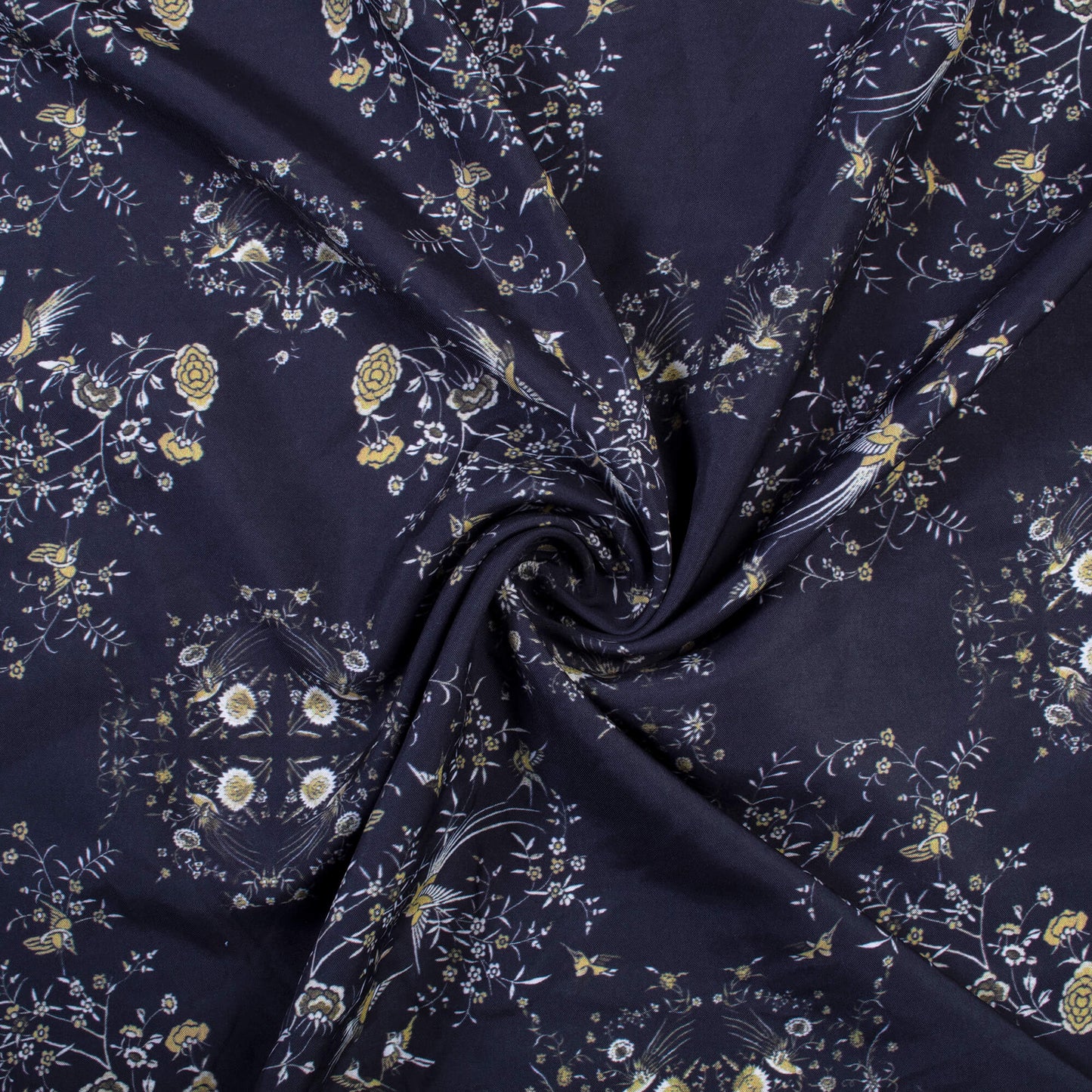 Dark Blue And Beige Floral Pattern Digital Print Crepe Fabric (Width 58 Inches)