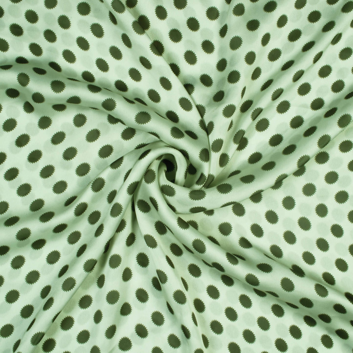 Off White And Green Polka Dots Pattern Digital Print Georgette Fabric