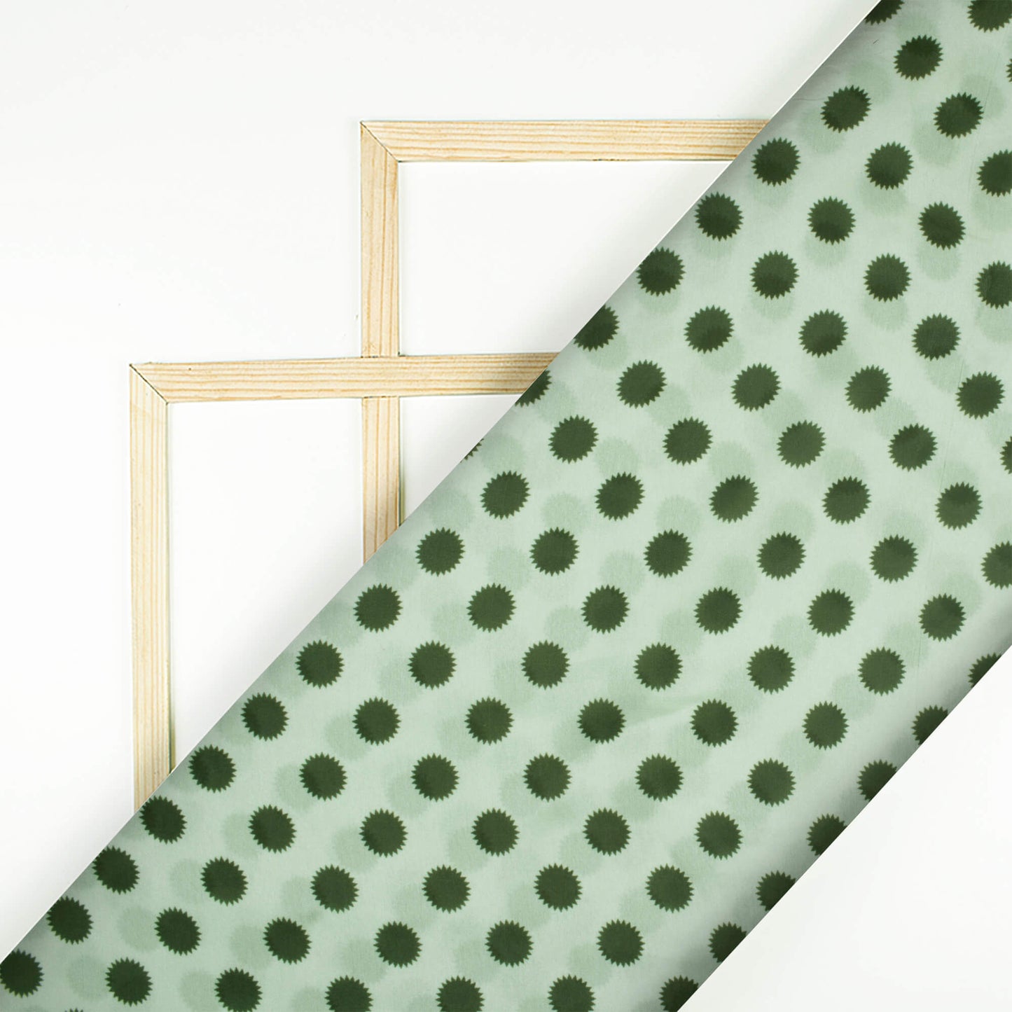 Off White And Green Polka Dots Pattern Digital Print Georgette Satin Fabric