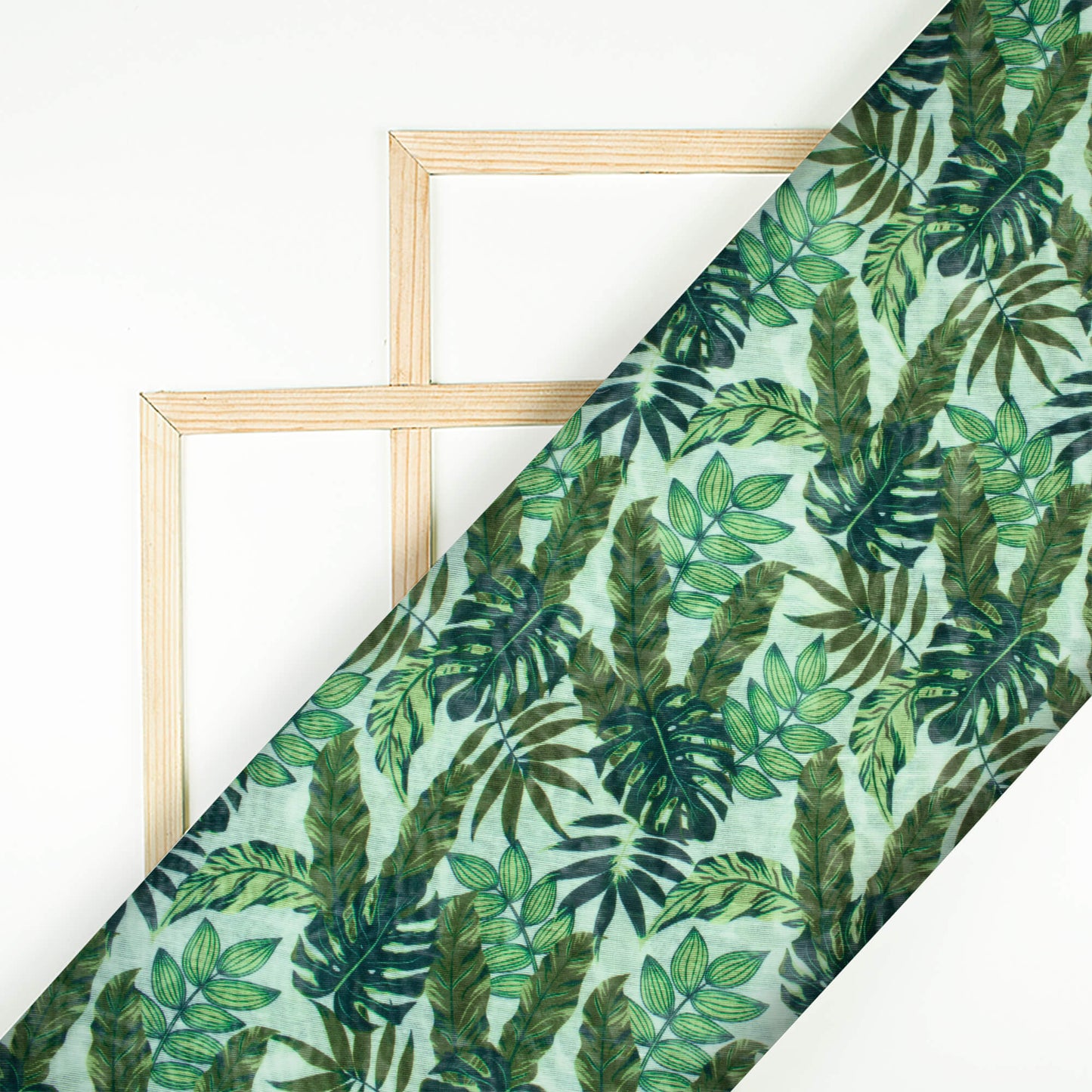 White And Green Leaf Pattern Digital Print Chanderi Fabric