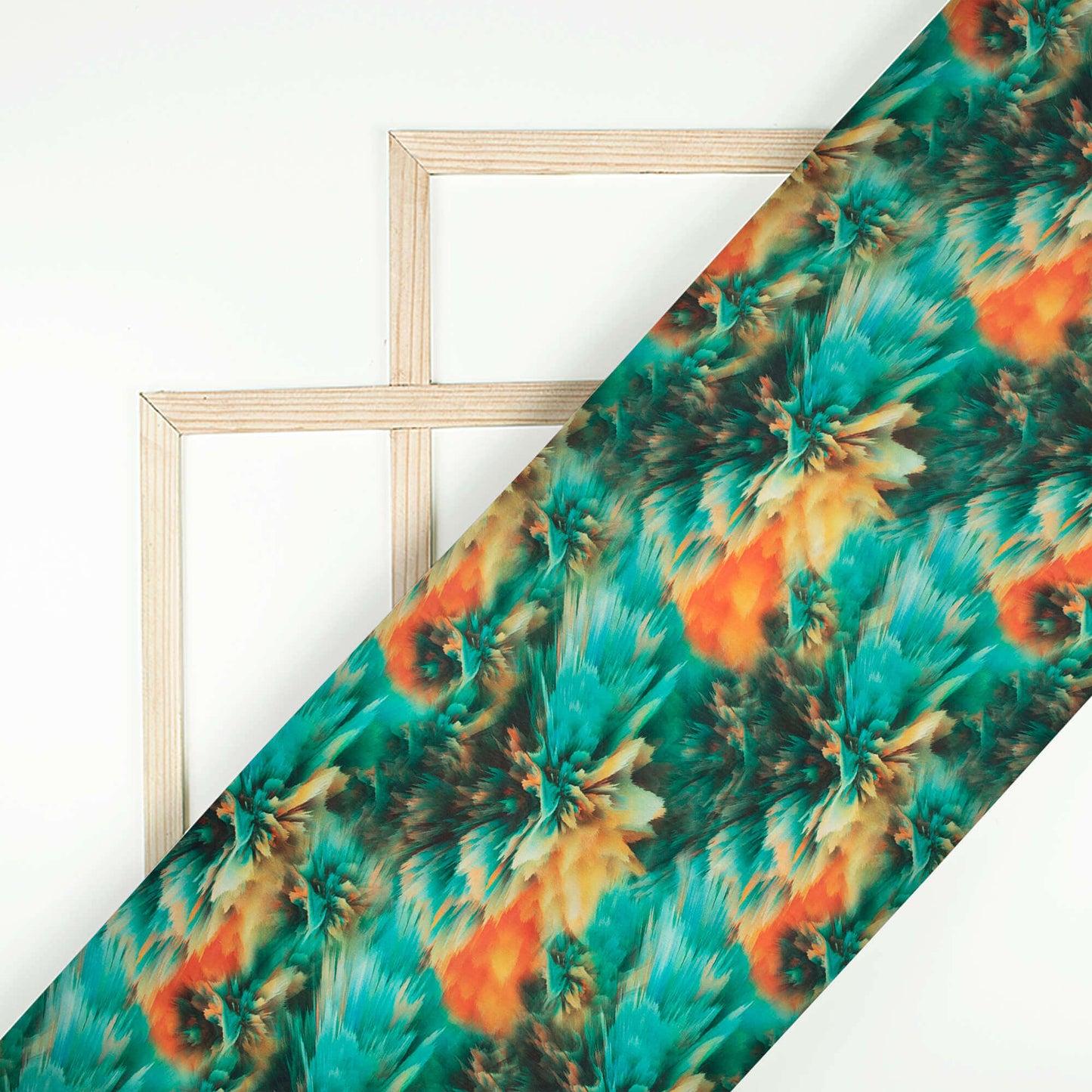 (Cut Piece 0.7 Mtr) Green And Orange Abstract Pattern Digital Print Japan Satin Fabric
