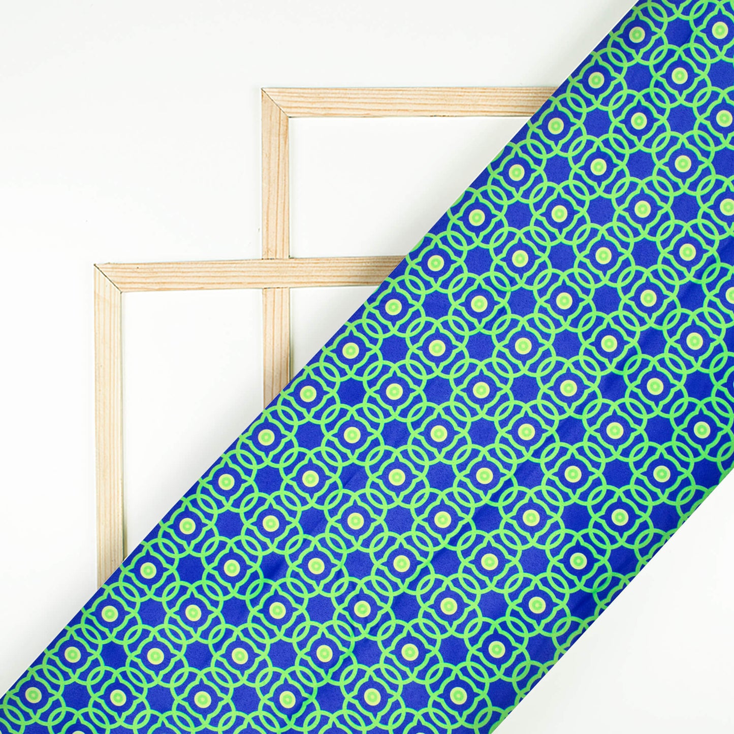(Cut Piece 1 Mtr) Persian Blue And Green Geometric Pattern Digital Print Satin Fabric (Width 58 Inches)
