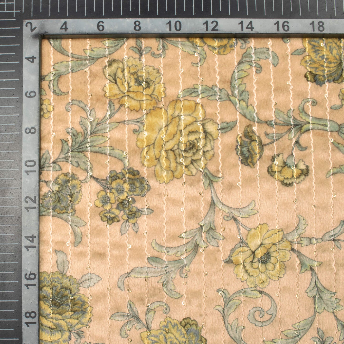 (Cut Piece 1.25 Mtr) Camel Brown And Yellow Floral Pattern Sequins Digital Print Velvet Fabric (Width 56 Inches)