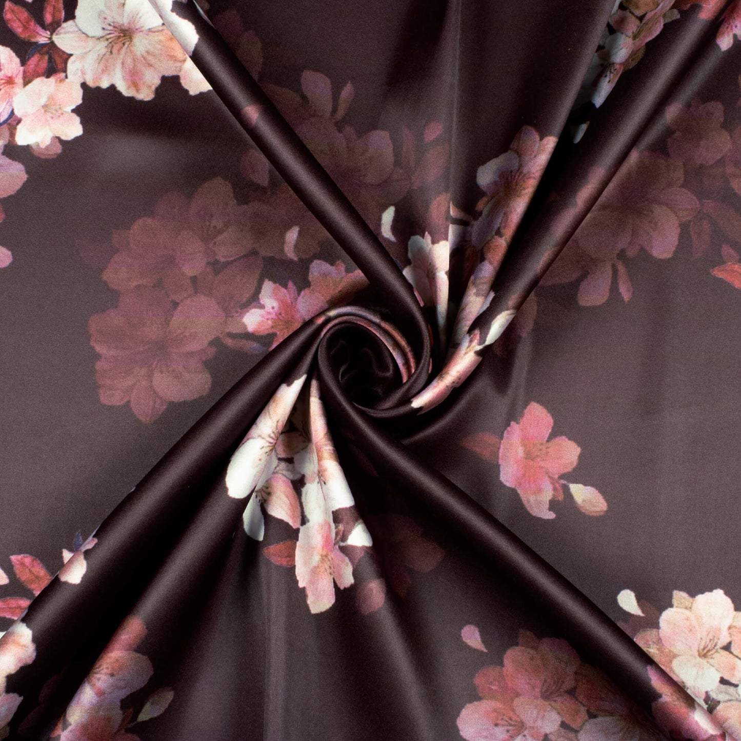 (Cut Piece 1.7 Mtr) Dark Brown And Pale Pink Floral Pattern Digital Print Japan Satin Fabric