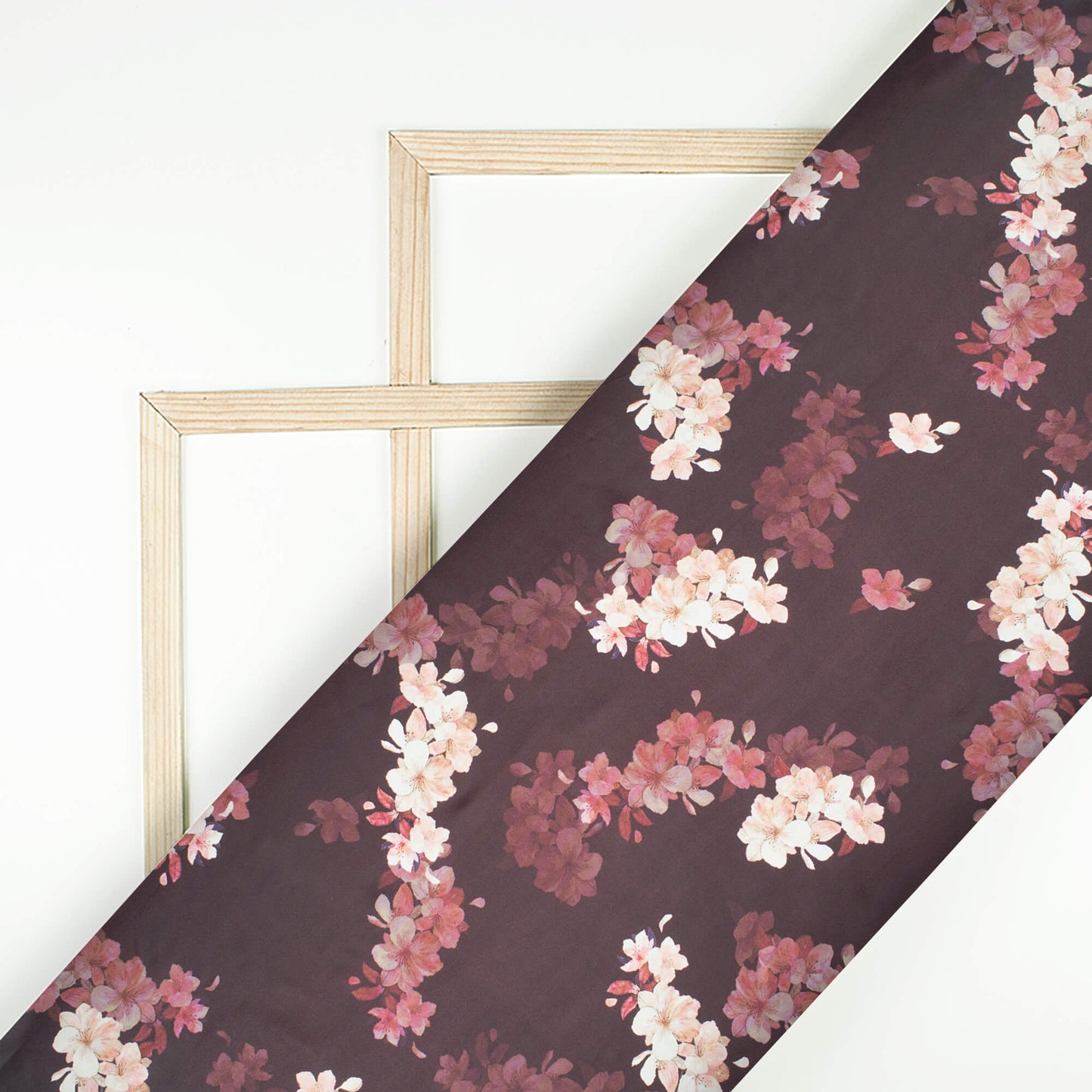 (Cut Piece 1.7 Mtr) Dark Brown And Pale Pink Floral Pattern Digital Print Japan Satin Fabric
