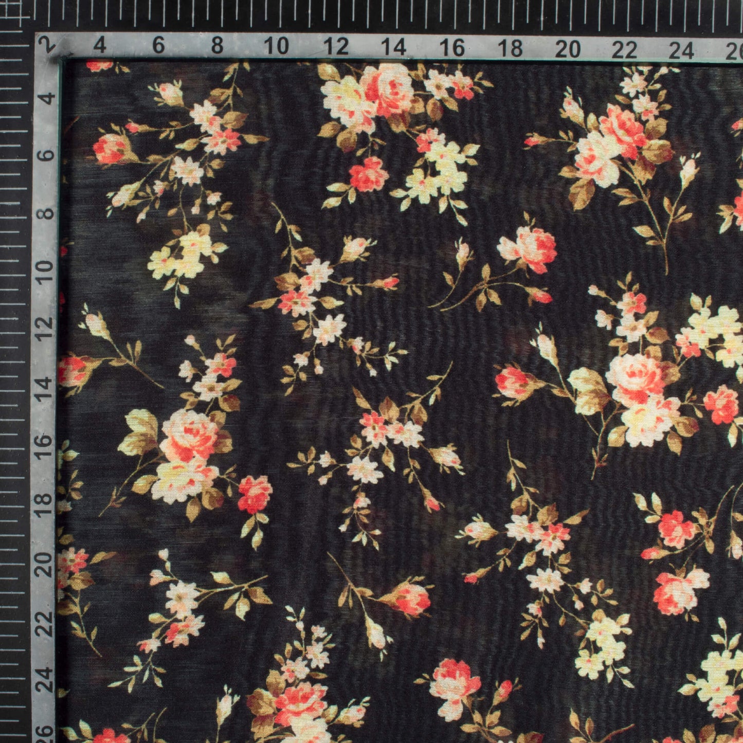 Black And Red Floral Pattern Digital Print Chanderi Fabric
