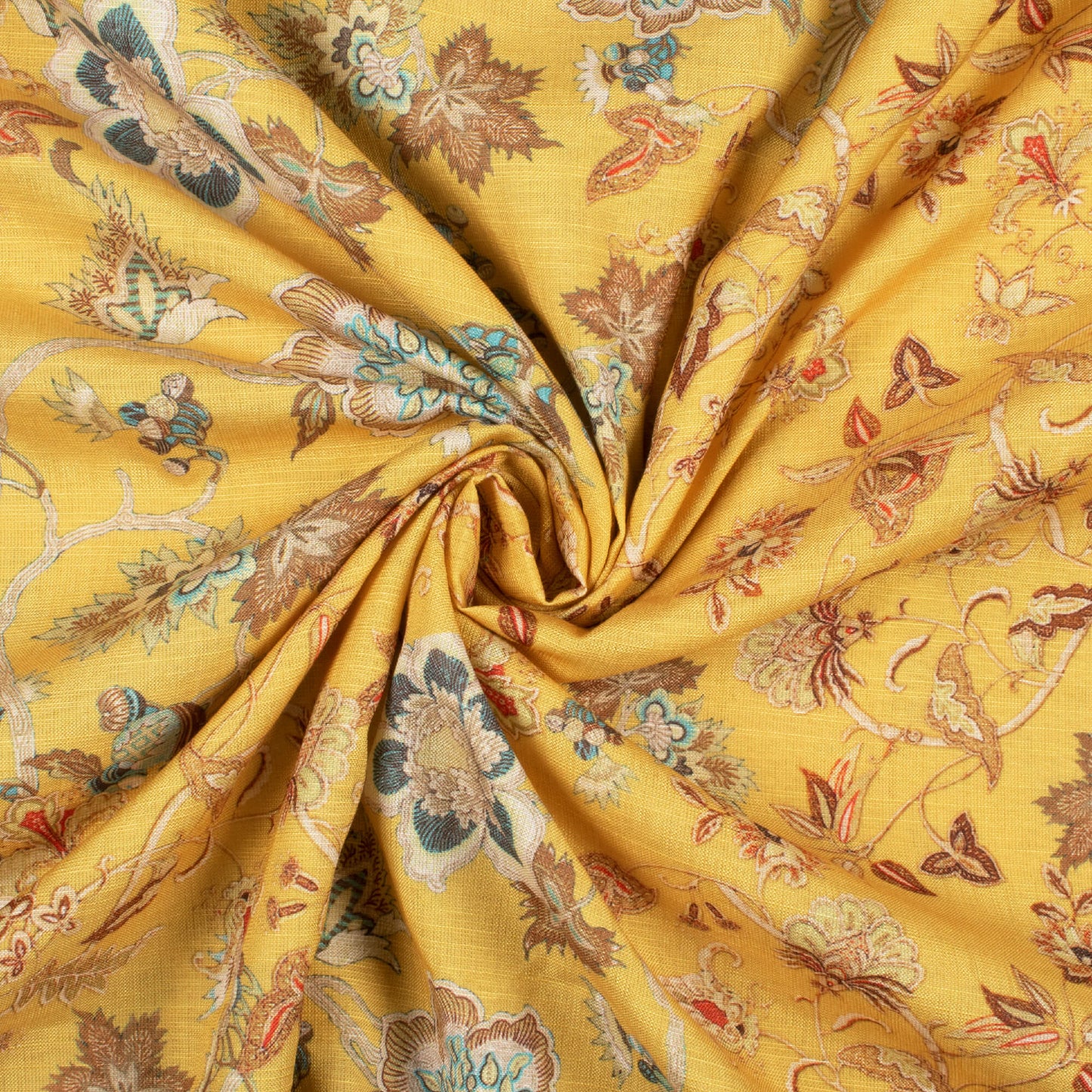 Mustard Yellow And Blue Floral Pattern Digital Print Linen Textured Fabric (Width 50 Inches)