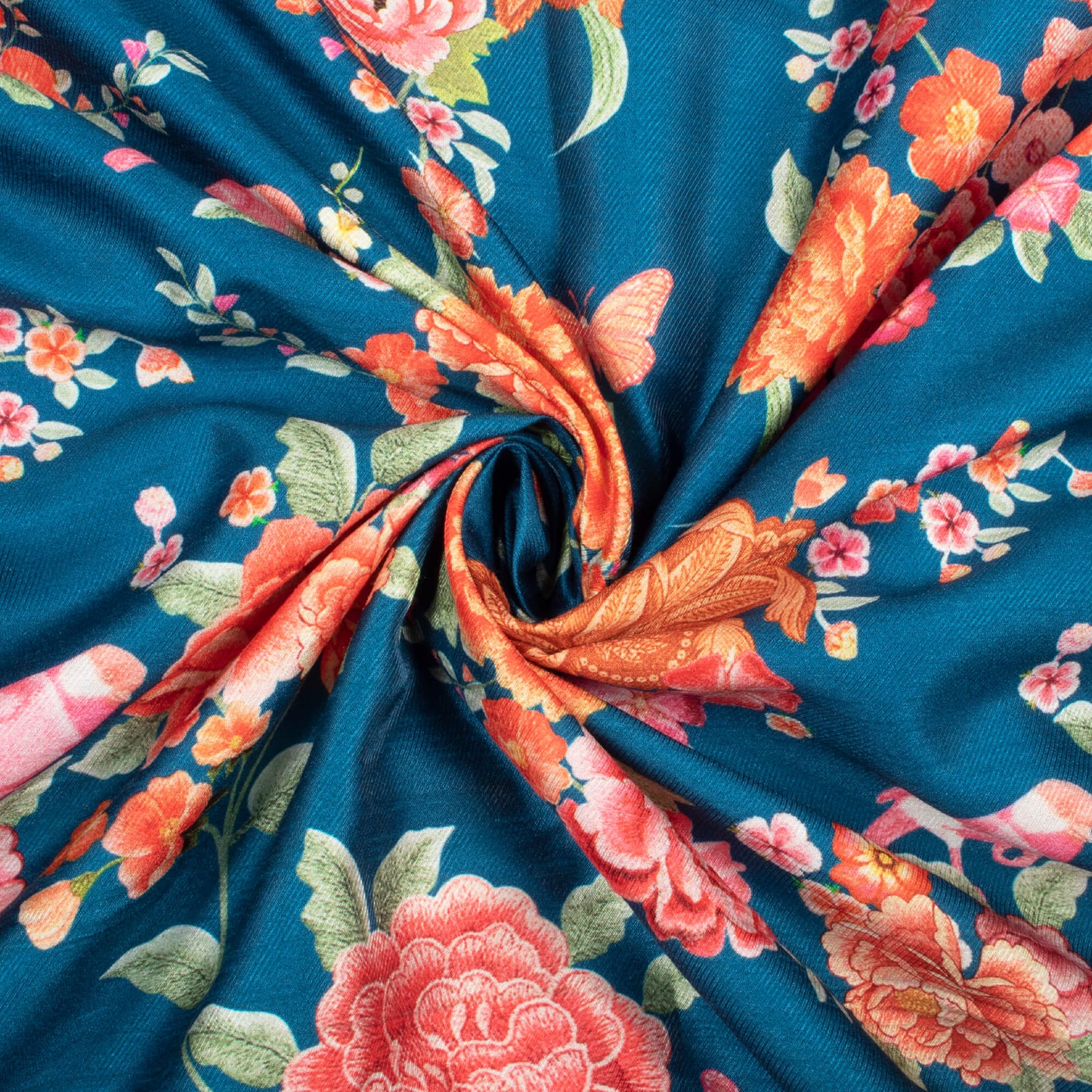 Bahama Blue And Red Floral Pattern Digital Print Twill Slub Fabric