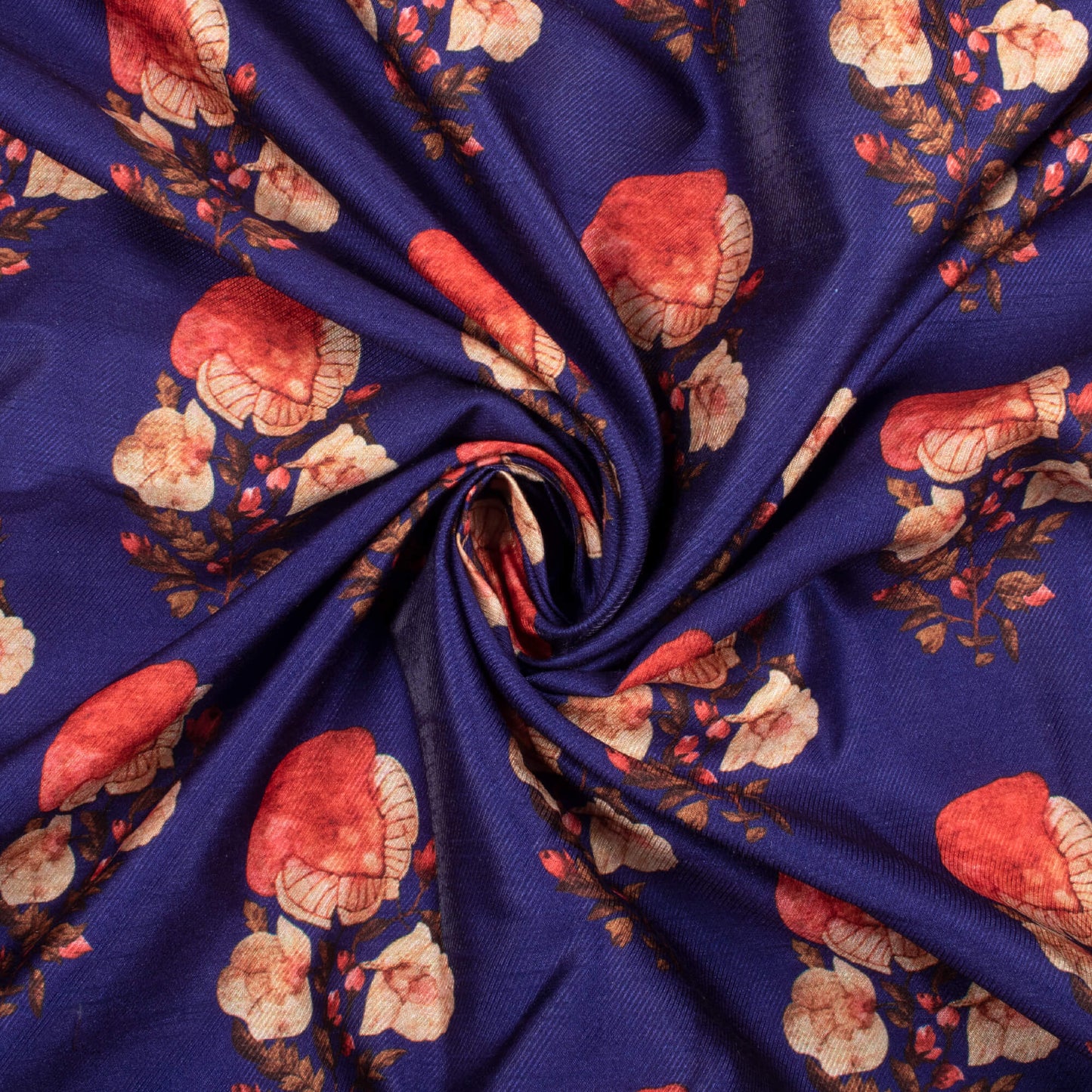 Navy Blue and Red Floral Pattern Digital Print Twill Slub Fabric