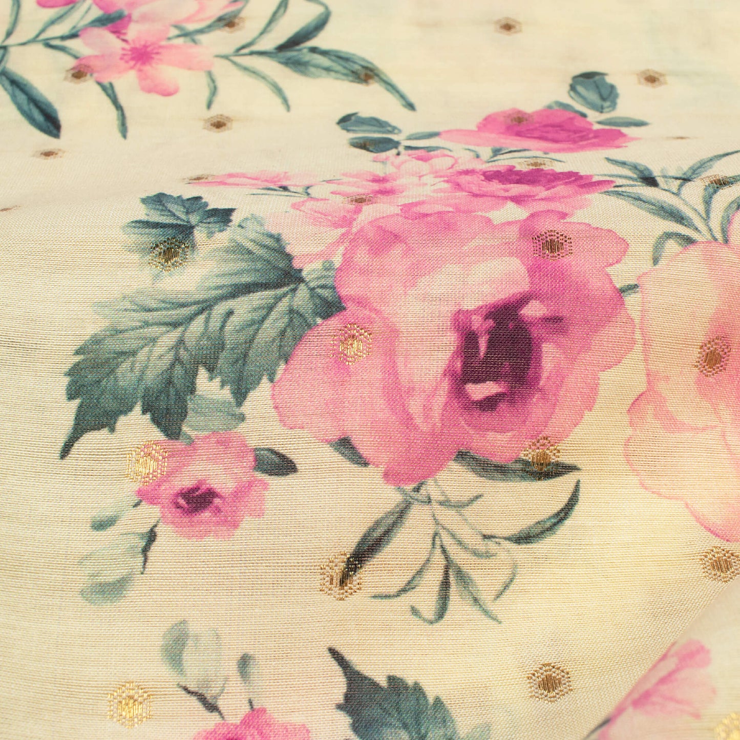 Off White And Carnation Pink Geometric Pattern Digital Print Chanderi Lurex Fabric