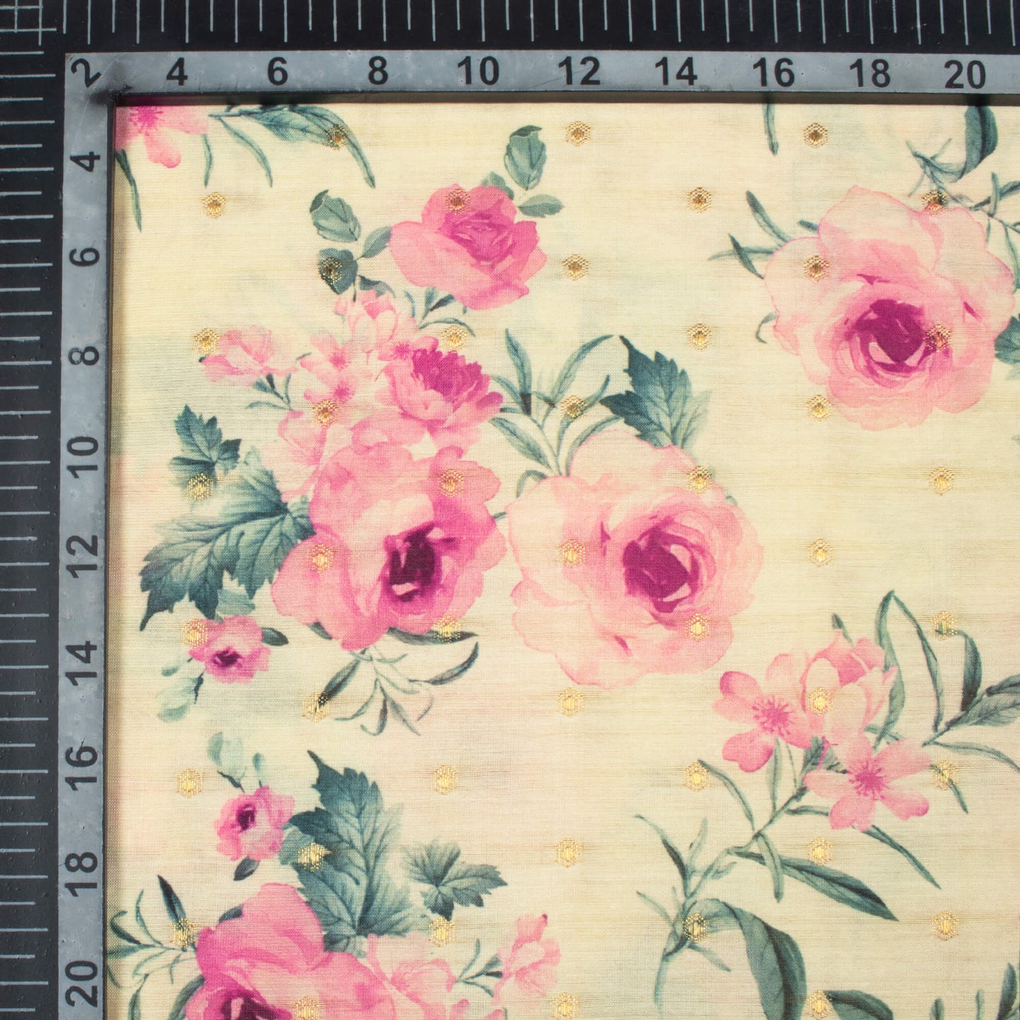 Off White And Carnation Pink Geometric Pattern Digital Print Chanderi Lurex Fabric