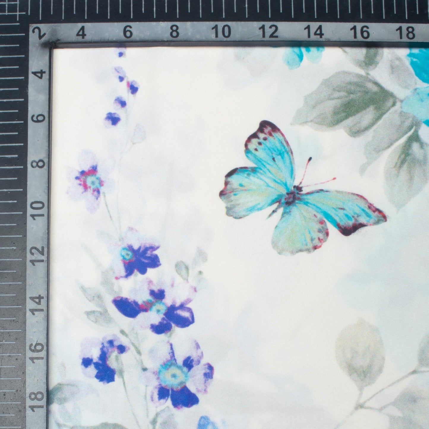 White And Turquoise Floral Pattern Digital Print Crepe Fabric (Width 52 Inches)