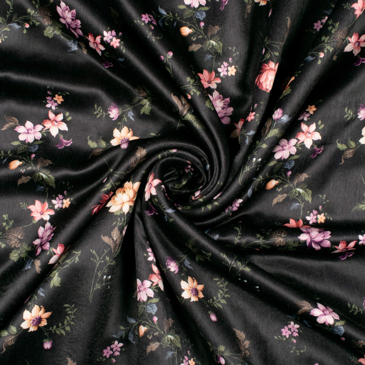 Black And Orange Floral Pattern Digital Print Satin Fabric