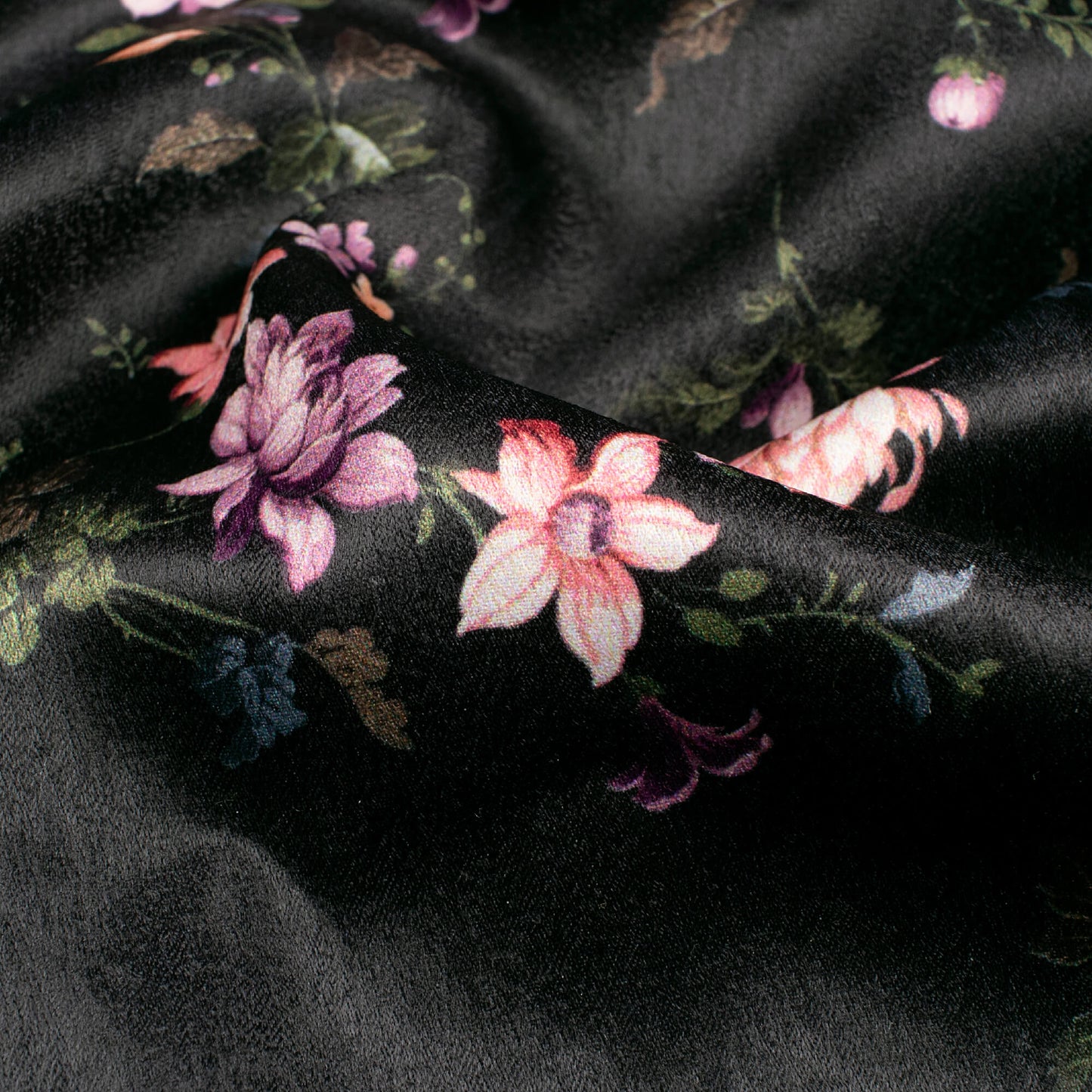 Black And Orange Floral Pattern Digital Print Satin Fabric