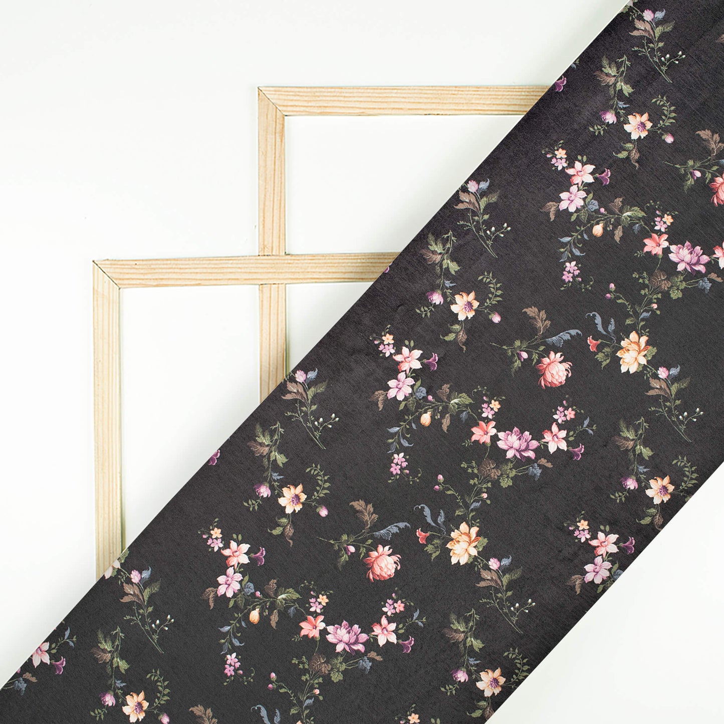 Black And Orange Floral Pattern Digital Print Satin Fabric