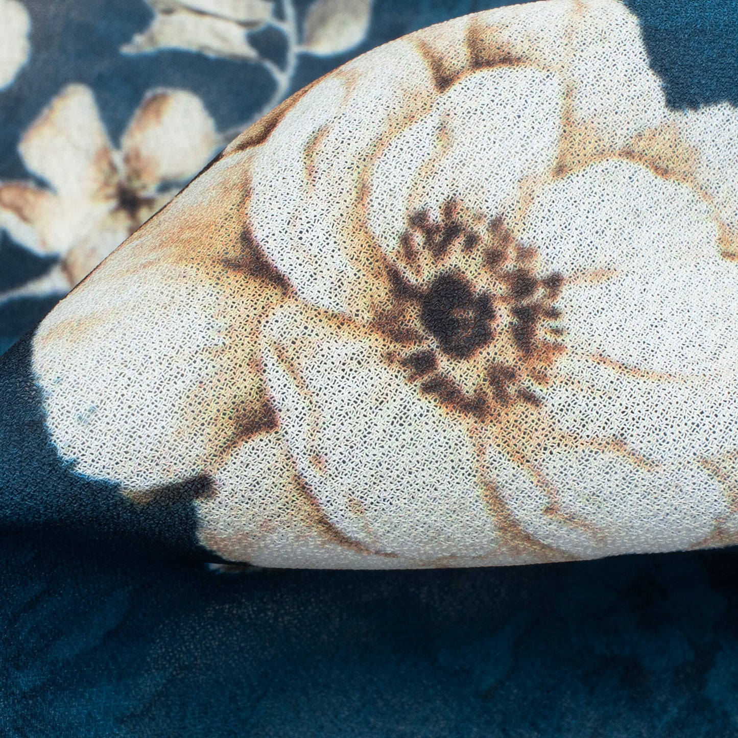 (Cut Piece 1 Mtr) Dark Teal Blue And Beige Floral Pattern Digital Print Georgette Fabric
