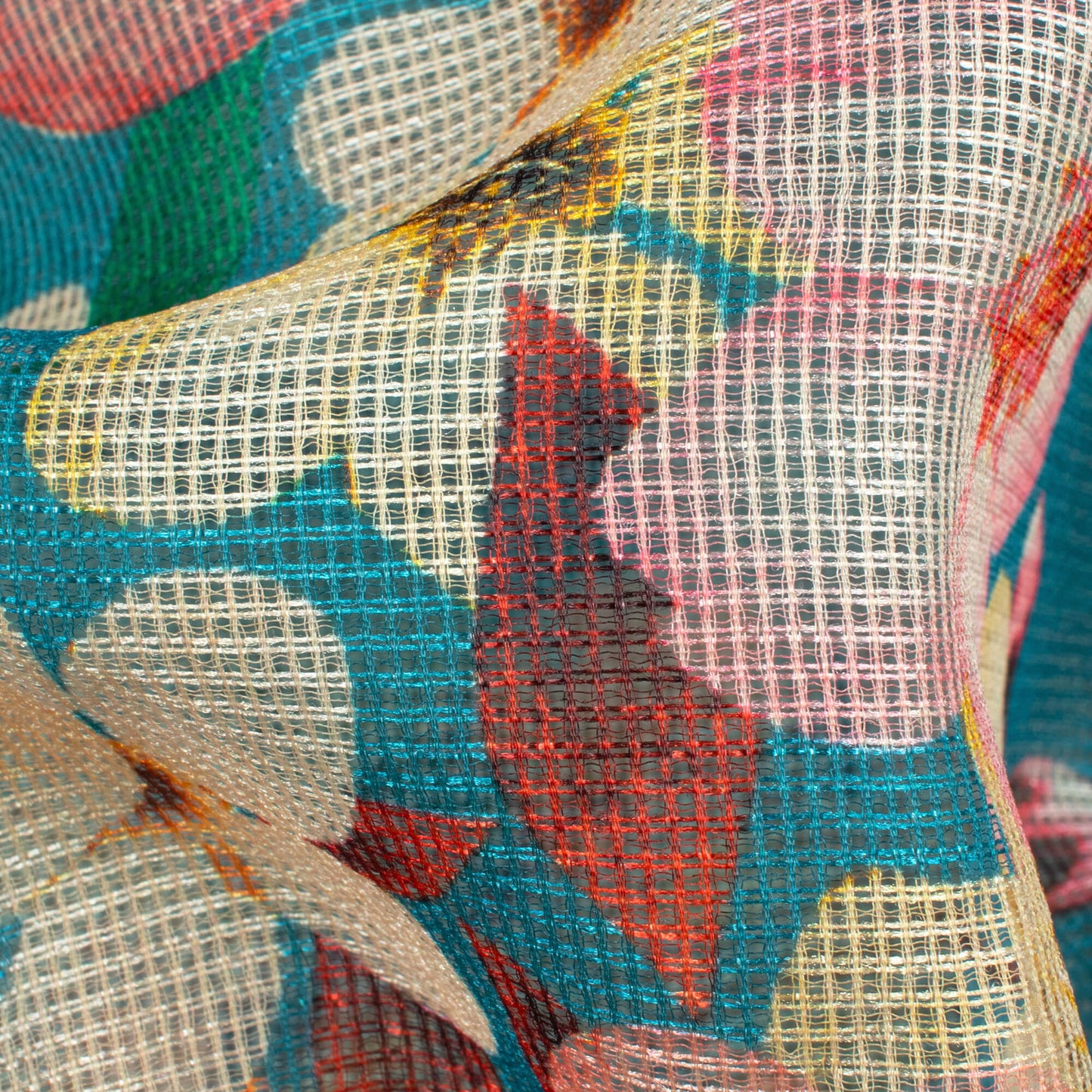 (Cut Piece 0.75 Mtr) Cerulean Blue And Peach Floral Pattern Digital Print Kota Doria Fabric