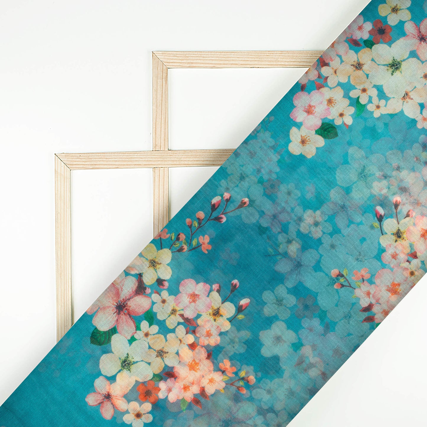 (Cut Piece 0.75 Mtr) Cerulean Blue And Peach Floral Pattern Digital Print Kota Doria Fabric