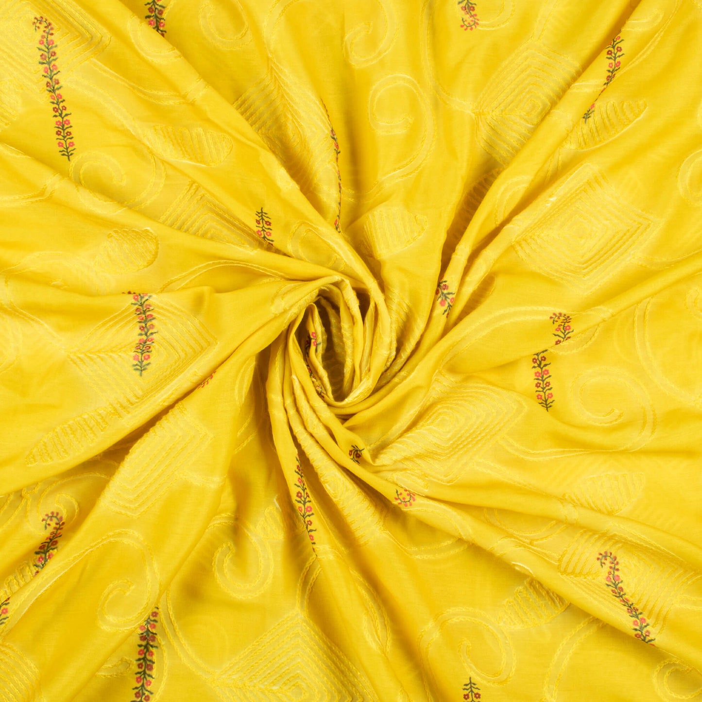 (Cut Piece 0.8 Mtr) Bright Yellow And Maroon Floral Pattern Digital Print Premium Embroidery Poly Muslin Fabric